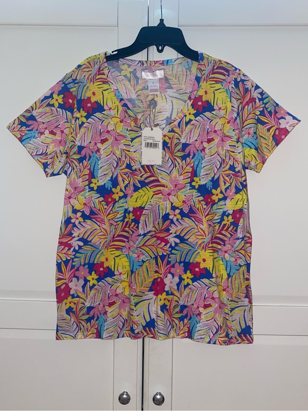 Stella Parker Collection Floral Short Sleeves Shirt, Size L, Multicolor